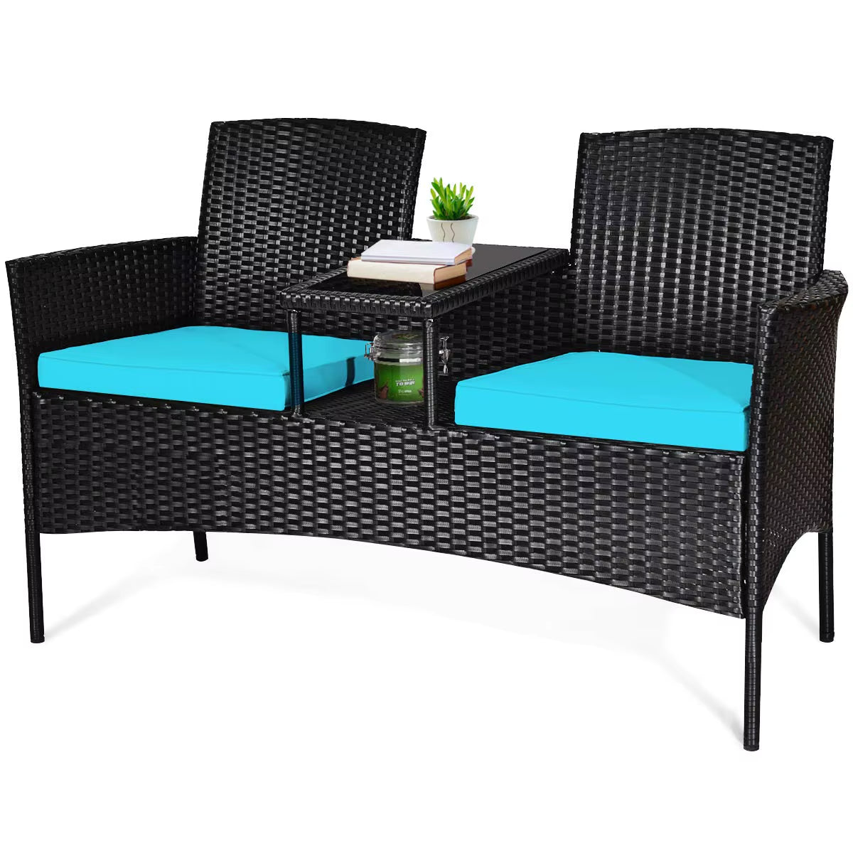 Outdoor Rattan Loveseat, Patio Conversation Set with Cushions & Table, Modern Patented Wicker Sofa Set With, Customized