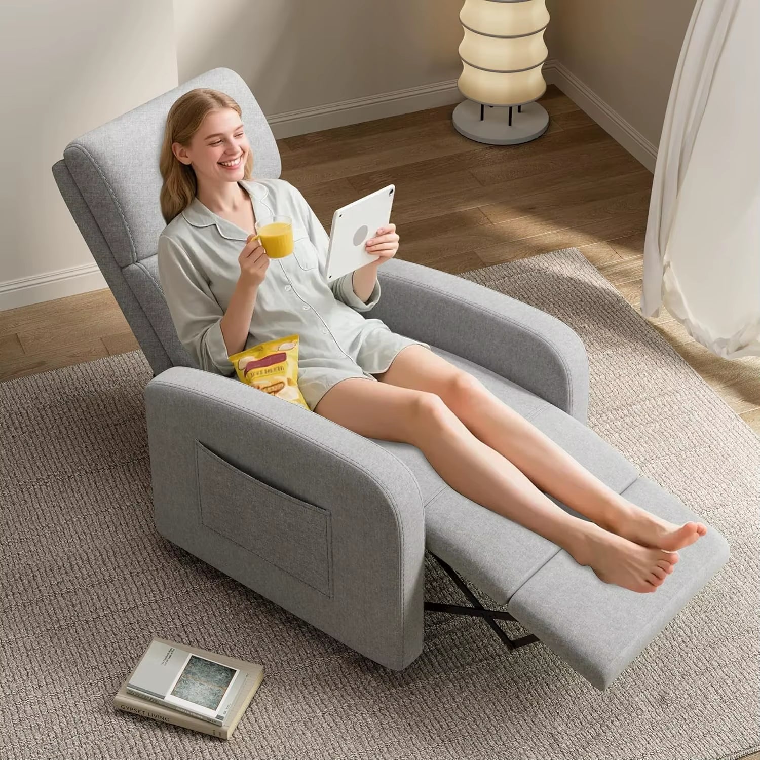 Push Back Recliner Chair for Adults, Lazy Adjustable Single Sofa with Side Pocket Ergonomic Home Theater Seating for Living Room