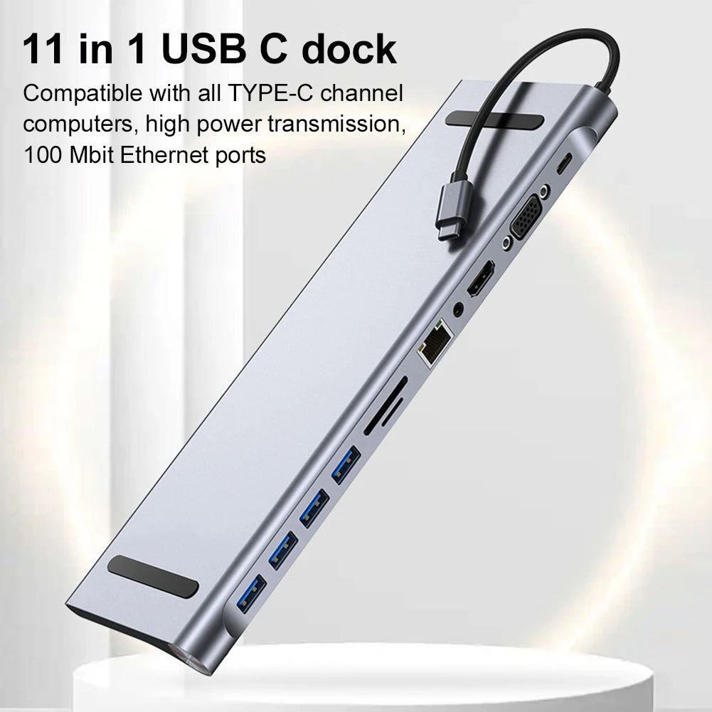11 in 1 USB C Docking Station with 4K Hdmi-Compatible VGA Ethernet USB C Dock 100W PD SD/TF Audio Type C Hub 1* USB 3.0 3*USB2.0
