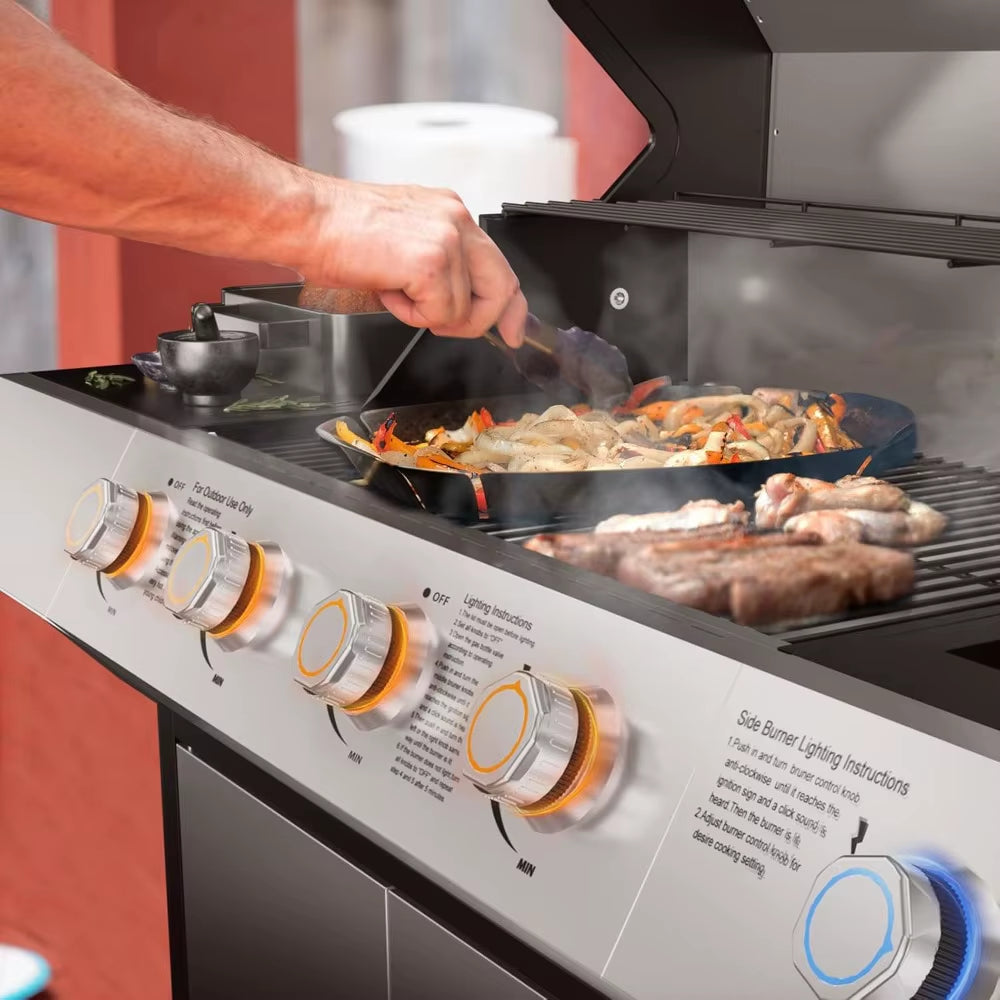 4 Led Burner Propane Gas Grill with Side Burner & & Visual Glass, Stainless Steel Gas Grill with Enameled Cast Iron Grates