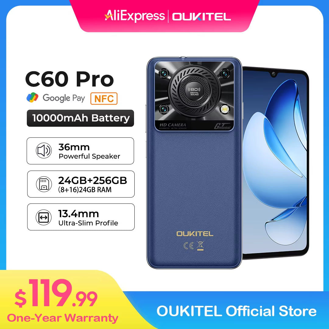 C60 PRO Smartphone with 10,000mAh Battery, 24GB RAM, 256GB Storage, 6.88" HD Display, 90Hz Refresh Rate, Android 15, 13.4Nm Processor, and 36mm Powerful Speaker