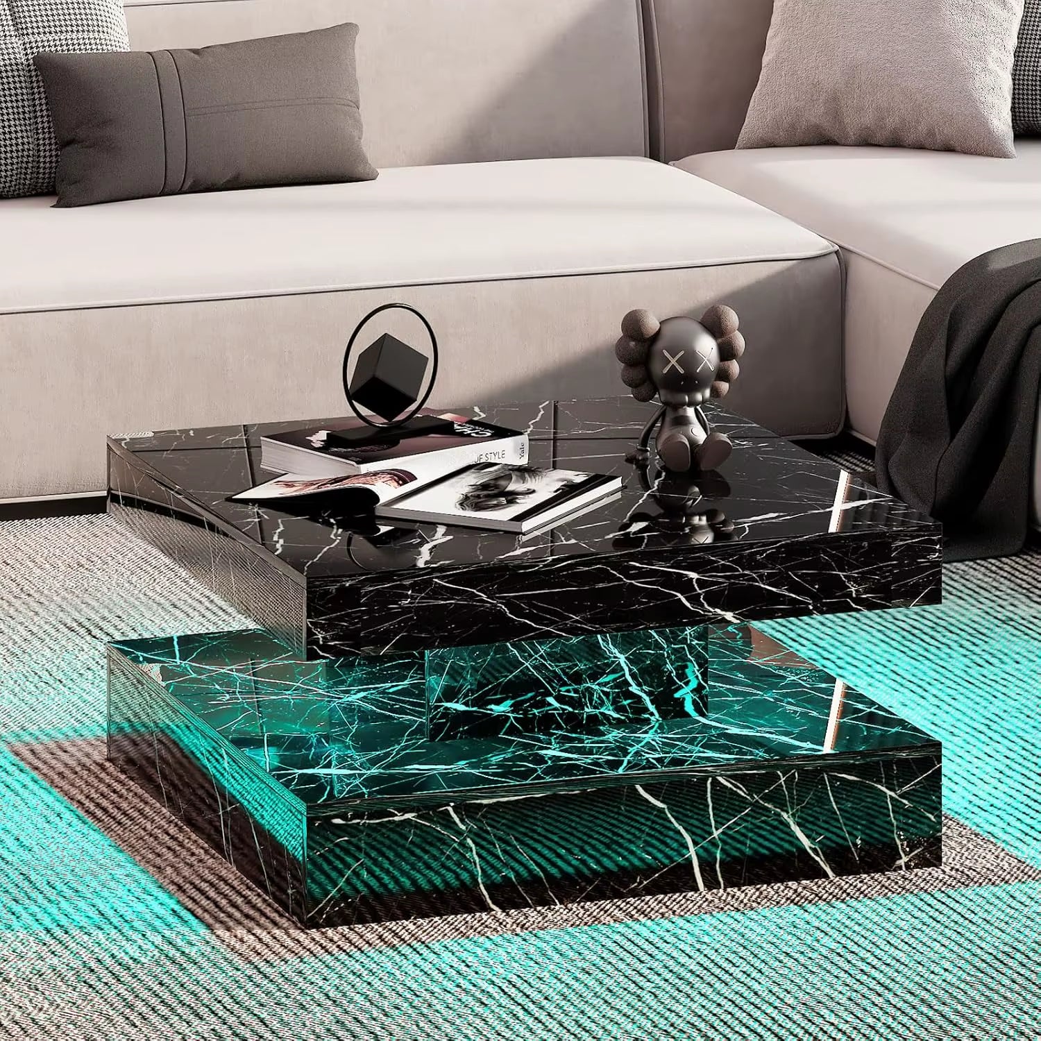 Black LED Coffee Table for Living Room, Living Room Table 2-Tier Square Middle Center Table, Modern Coffee Tables with Storage