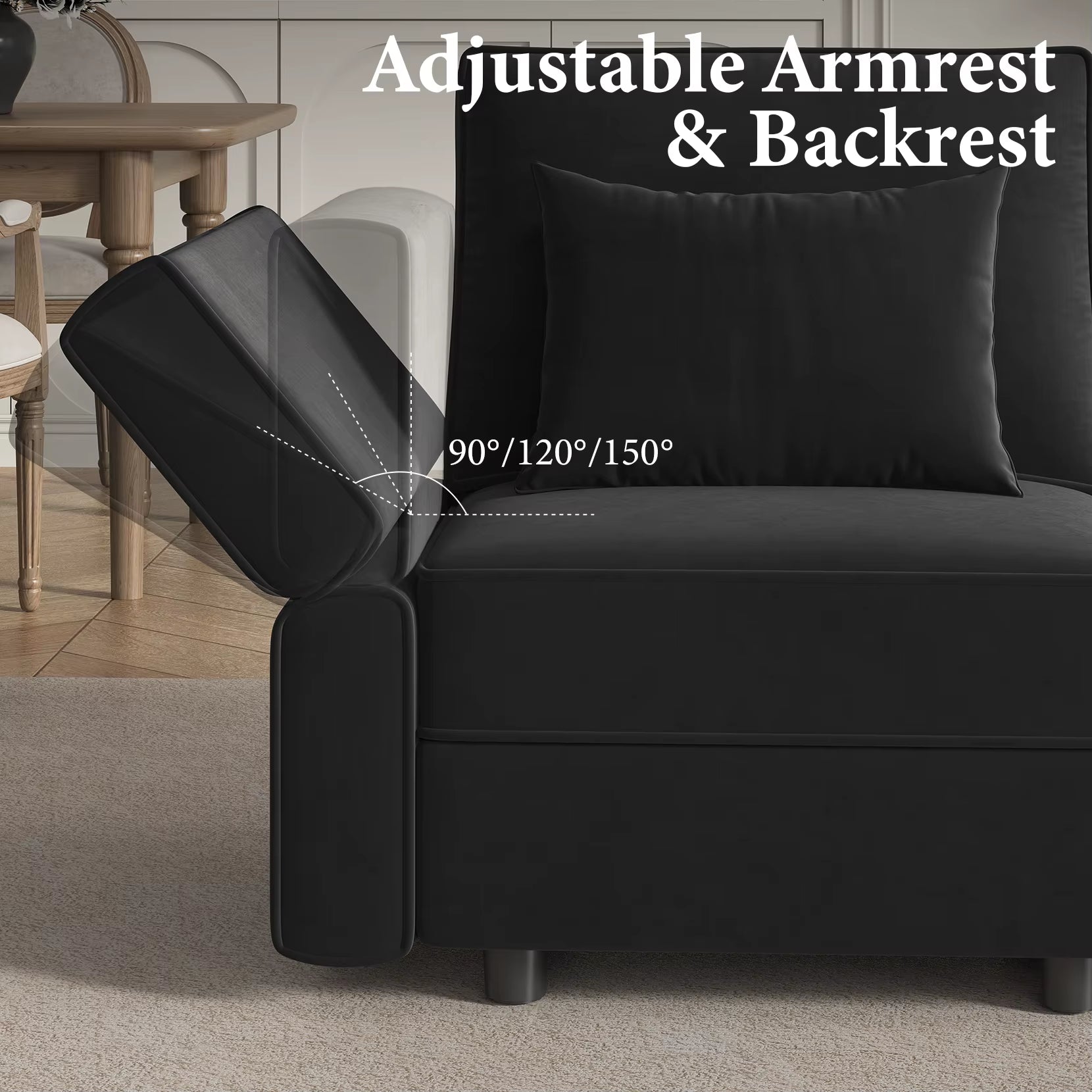 Modular Sectional Sofa with Storage Convertible Couch Sleeper with Chaise Velvet Living Room Decor Couch Set Modern Design Black