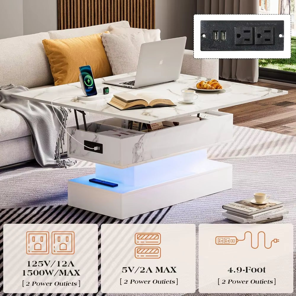 Lift Top Coffee Table with Charging Station,Modern High Glossy LED Coffee Table with Storage,3 in 1 Multifunctional Center Table