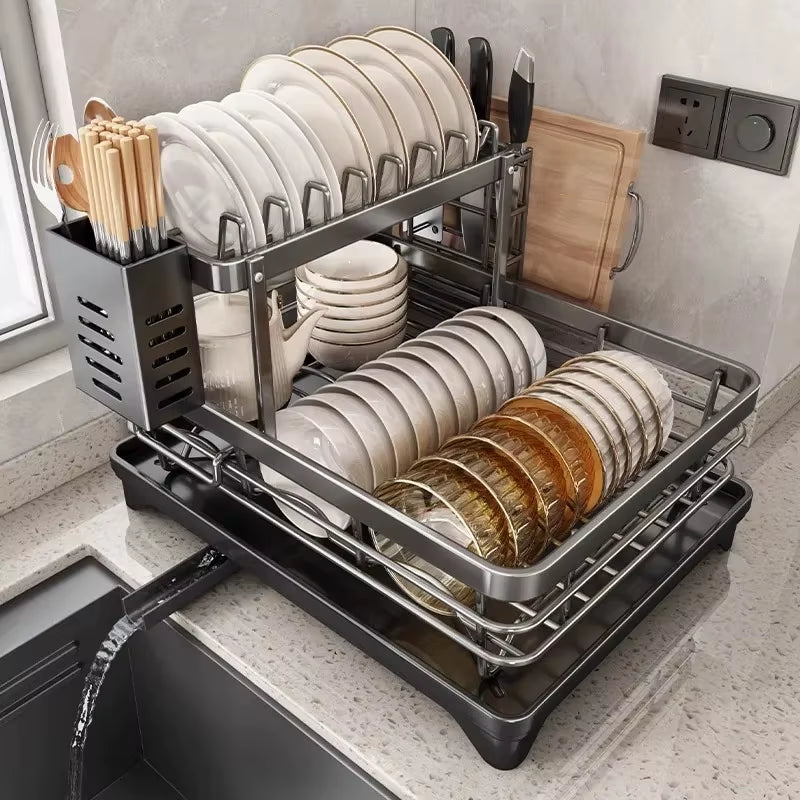 Stainless Steel Dish Drying Rack with Drainboard, over Sink Plate Organizer for Kitchen Storage & Organization