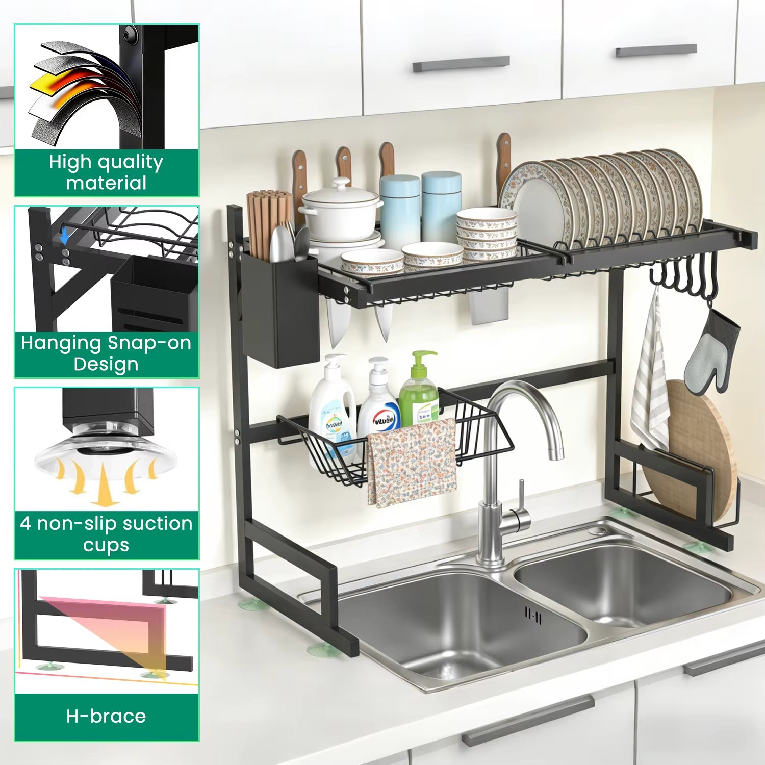 Dish Rack above Sink - Two-Tier Large Capacity Draining Rack with Knife and Utensil Holder Home Decor