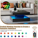 Black LED Coffee Table for Living Room, Living Room Table 2-Tier Square Middle Center Table, Modern Coffee Tables with Storage