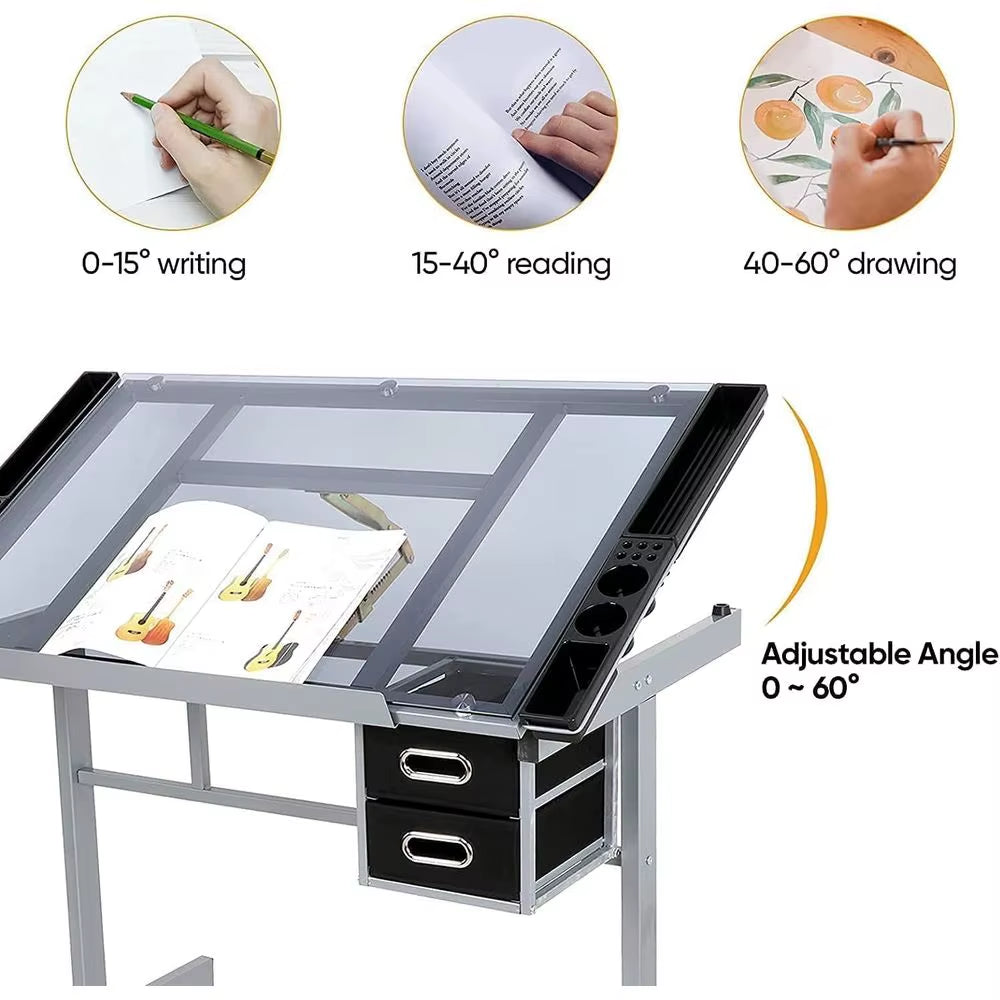 Adjustable Glass-Top Drafting Table with Dual Drawers and Mobility for Artistic and Professional Use in Home or Office