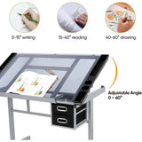 Adjustable Glass-Top Drafting Table with Dual Drawers and Mobility for Artistic and Professional Use in Home or Office