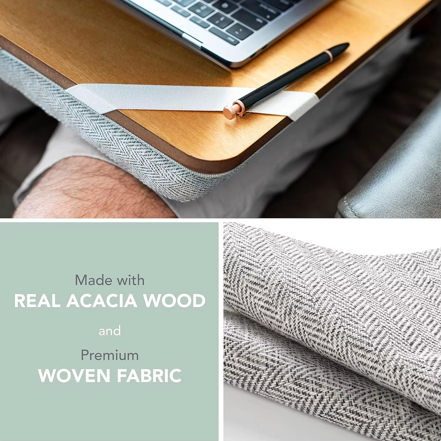 Acacia Wood Lap Desk with Integrated Wrist Rest, Mouse Pad, and Phone Holder - Accommodates 15.6 Inch Laptops - Natural Finish