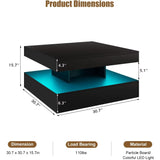 Black LED Coffee Table for Living Room, Living Room Table 2-Tier Square Middle Center Table, Modern Coffee Tables with Storage