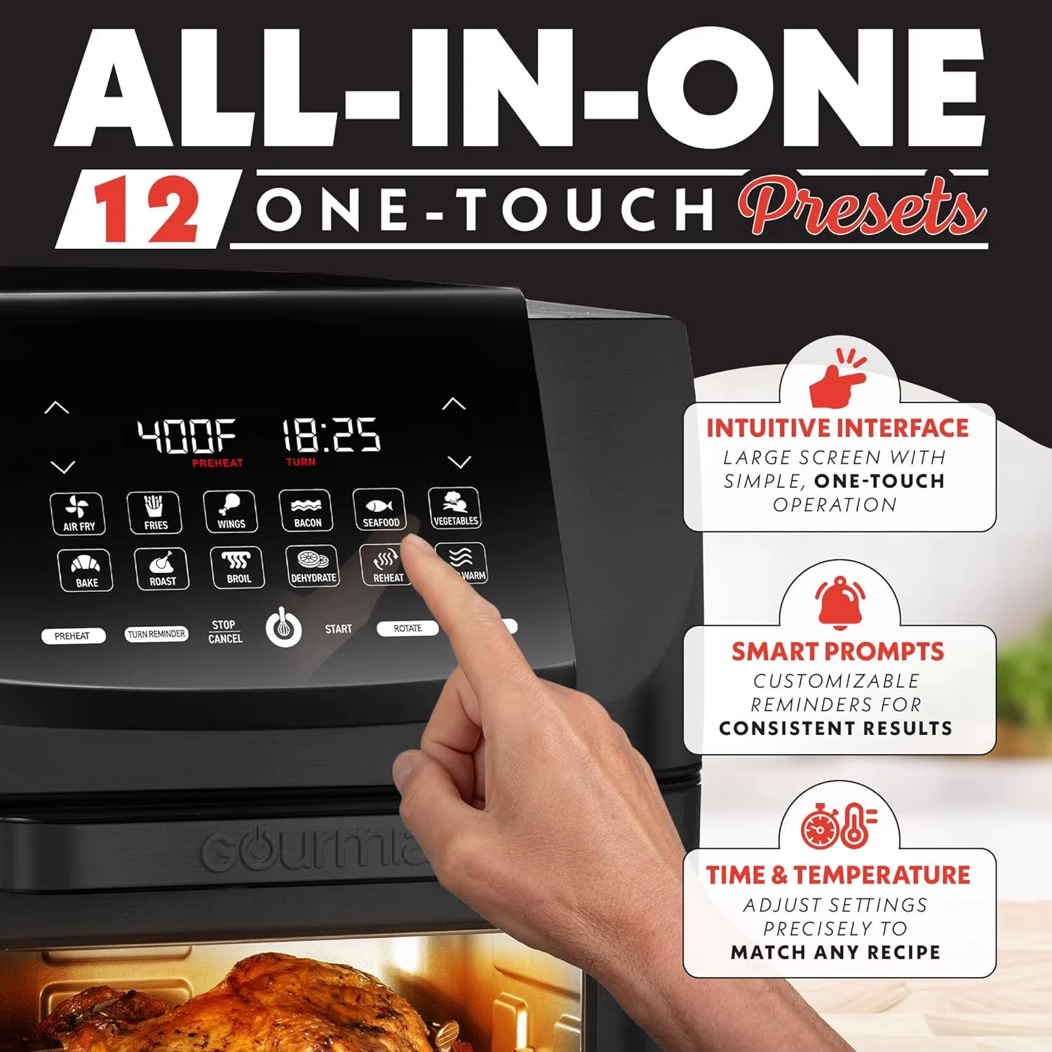 14 Qt Air Fryer Oven with Rotisserie, Digital Display, 12 Presets, Dishwasher Safe Accessories