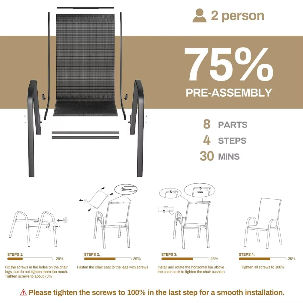 TLSUNNY Patio Dining Set 5 Pieces, All Weather Outdoor Furniture W/30X 30 Table and 4 Stackable Textilene Chairs, Metal Table An