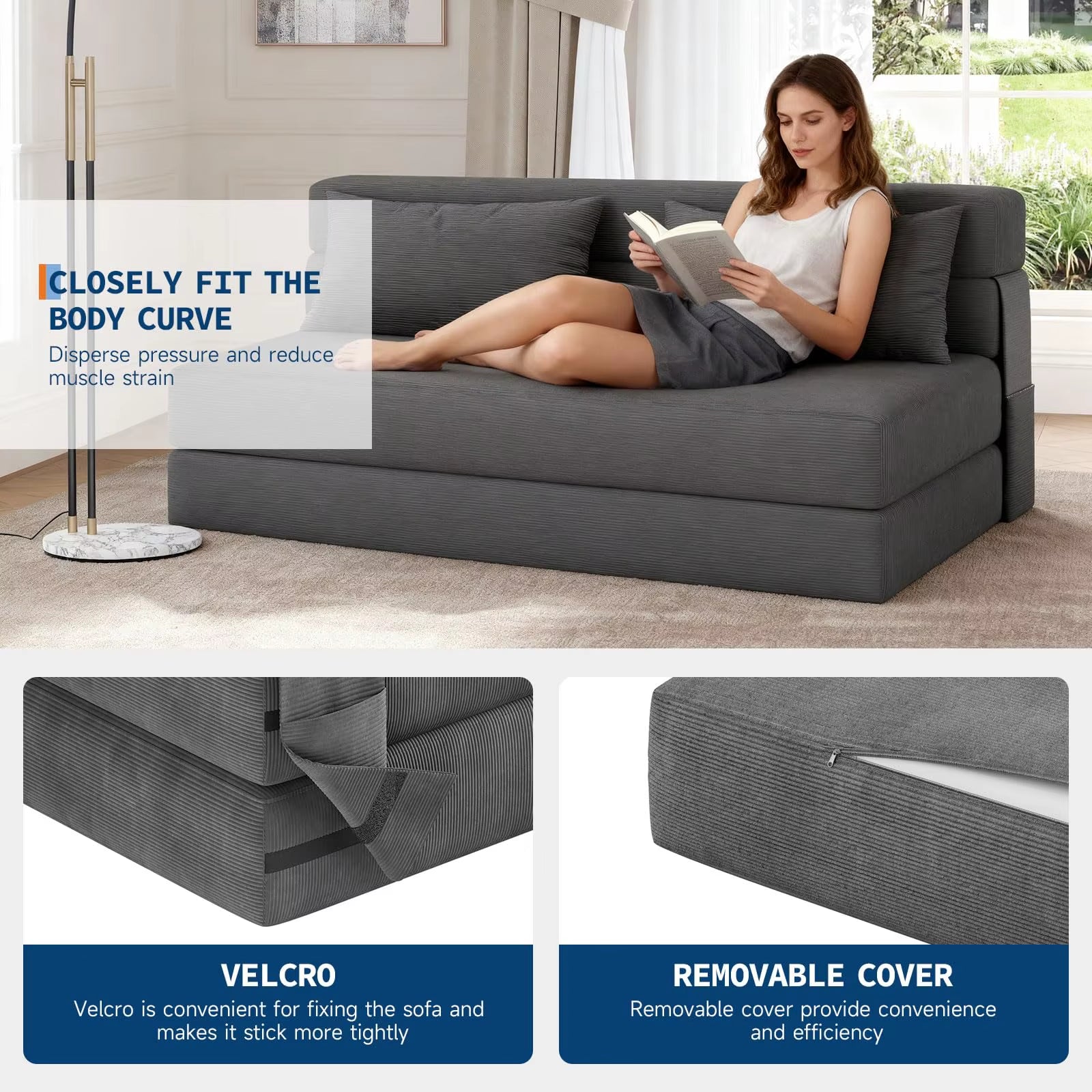 4-In-1 Folding Sofa Bed Convertible Sleeper Soft Corduroy Loveseat Couch with Pillow Space-Saving Fold Out Chair Bed for Room