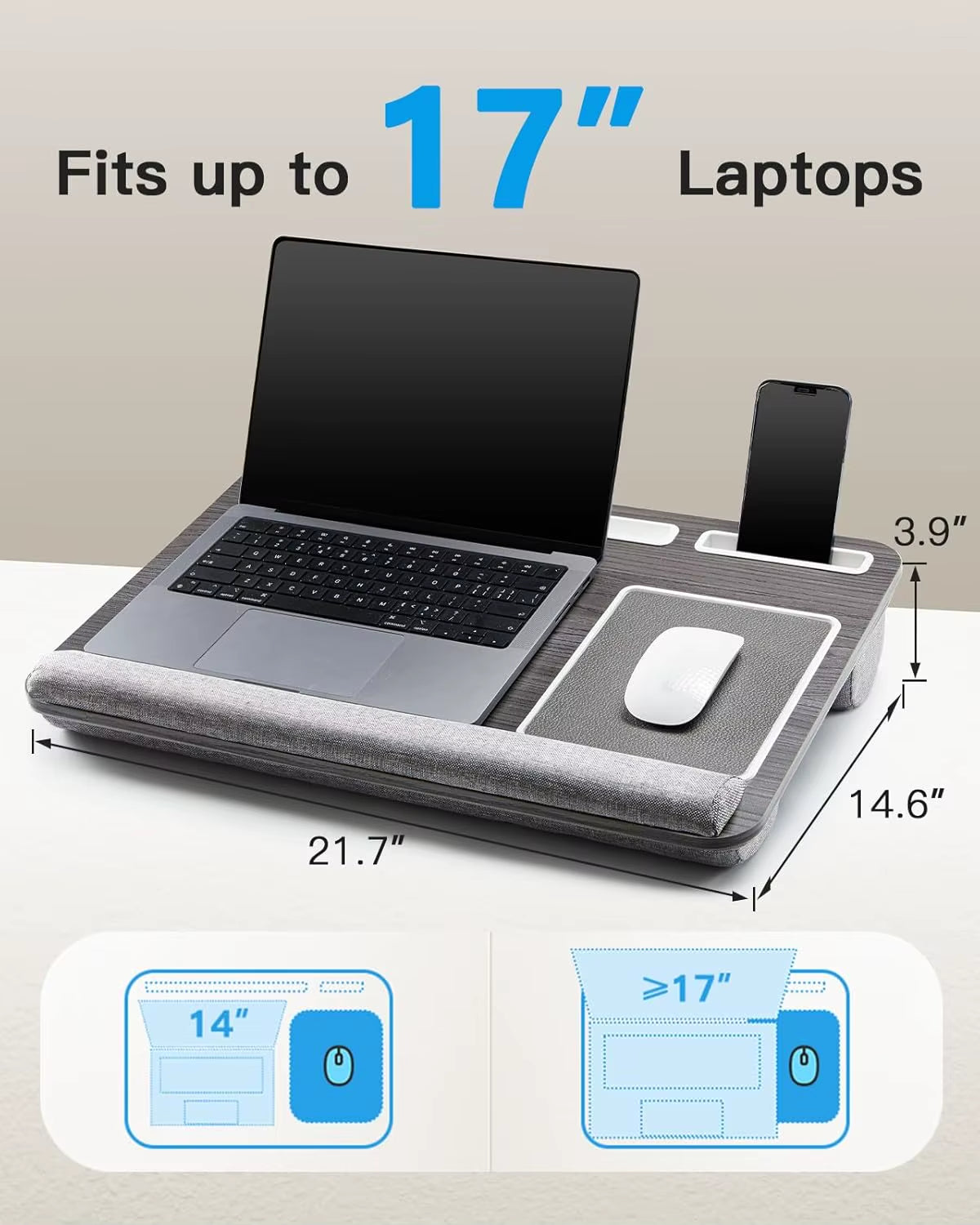 Portable Lap Desk for 17-Inch Laptops with Integrated Mouse Pad, Wrist Support, and Tablet/Phone Holder in Black Woodgrain Finish