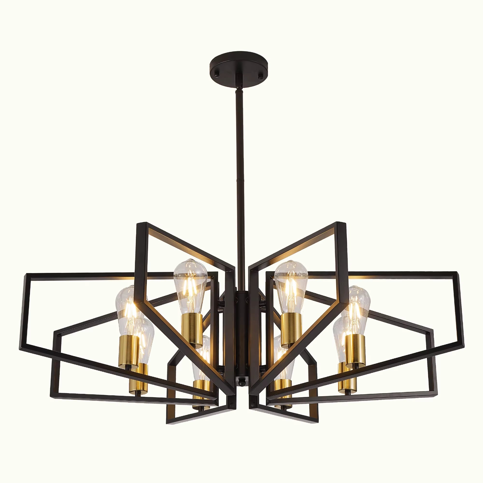 Modern 8-Light Geometric Chandelier Adjustable Height Metal Pendant Light with Black Frame & Golden Accents Ceiling Light Decor
