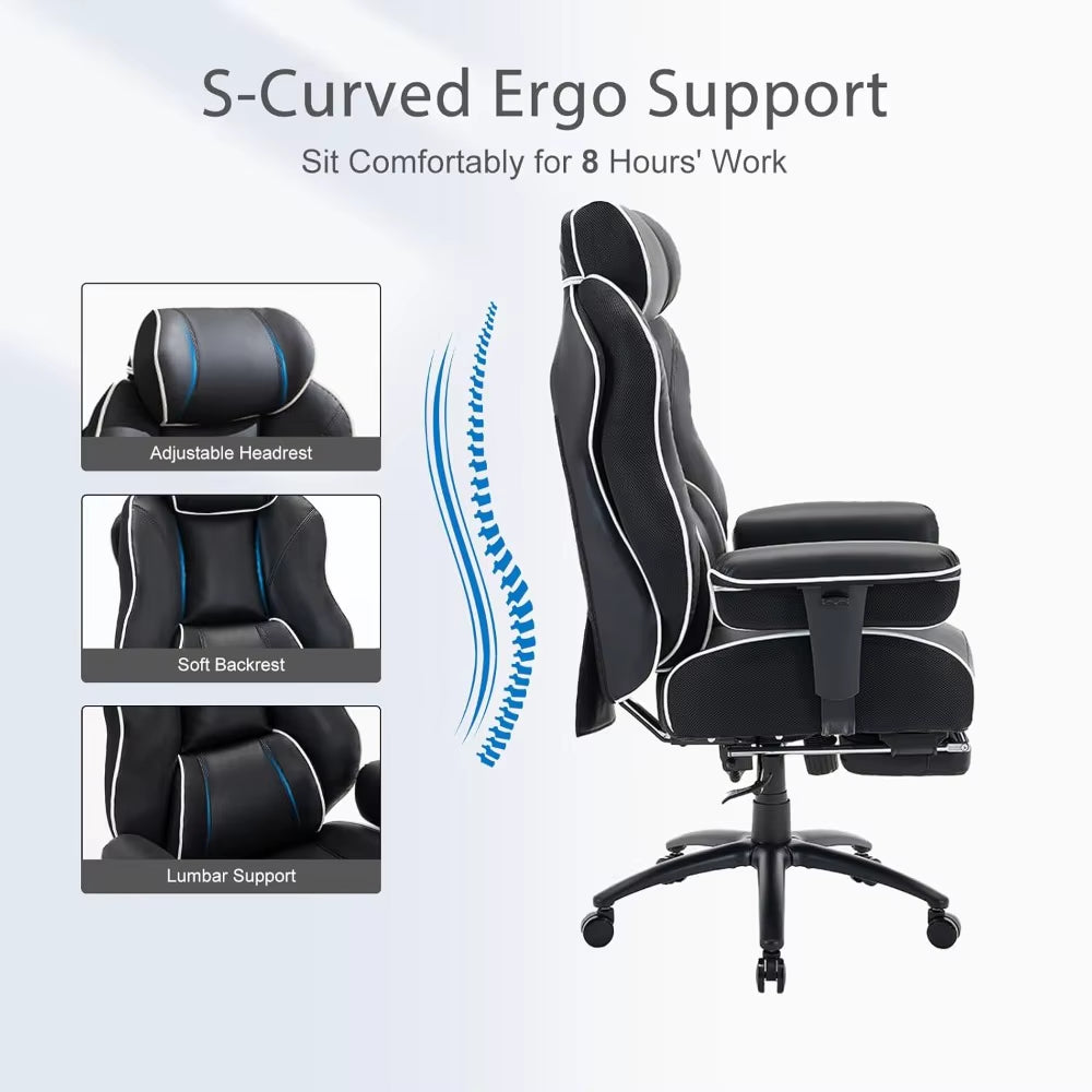 Big and Tall Ergonomic Executive Office Chair with Footrest and Lumbar Support, High Back PU Leather Design