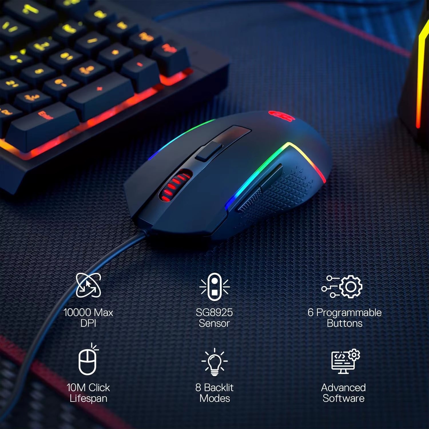 M616 RGB Gaming 10000 DPI Wired Optical 6 Programmable Buttons 8 Backlit Modes Software Supports DIY Keybinds Mouse