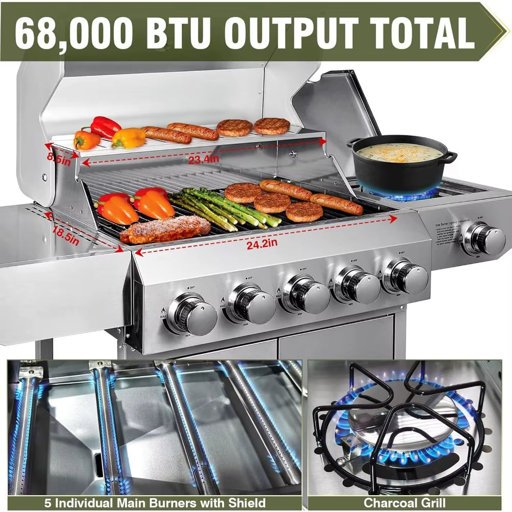 68,000 BTU 5 Burner Propane Gas Grill with Side Burner-Professional-Grade Stainless Steel Outdoor BBQ Grill-647 Sq in Cooking Sp