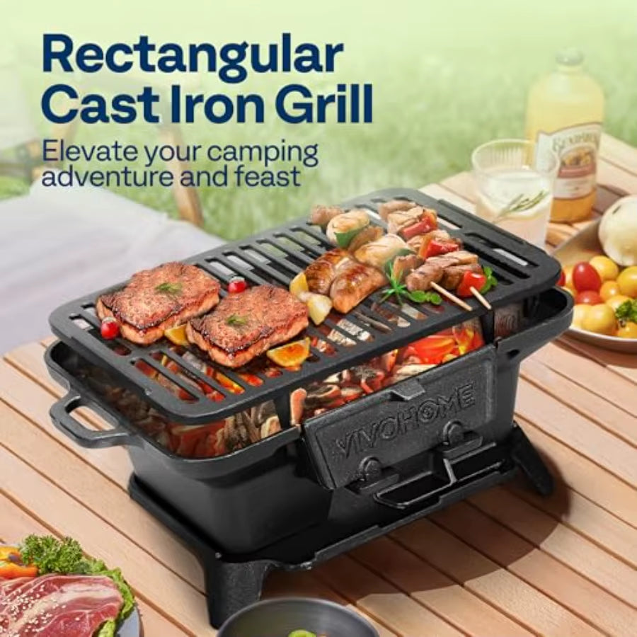 VIVOHOME Rectangle Cast Iron Charcoal Grill with Stainless Steel Double-Sided Grate Portable Outdoor BBQ Grill Compact Tabletop