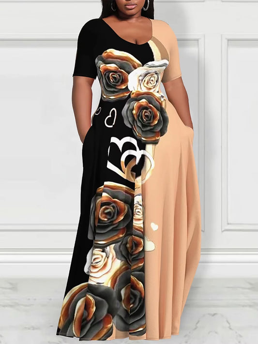 Plus - Size Color - Block Rose Dress! Black & Brown Patchwork, Flattering & Stylish