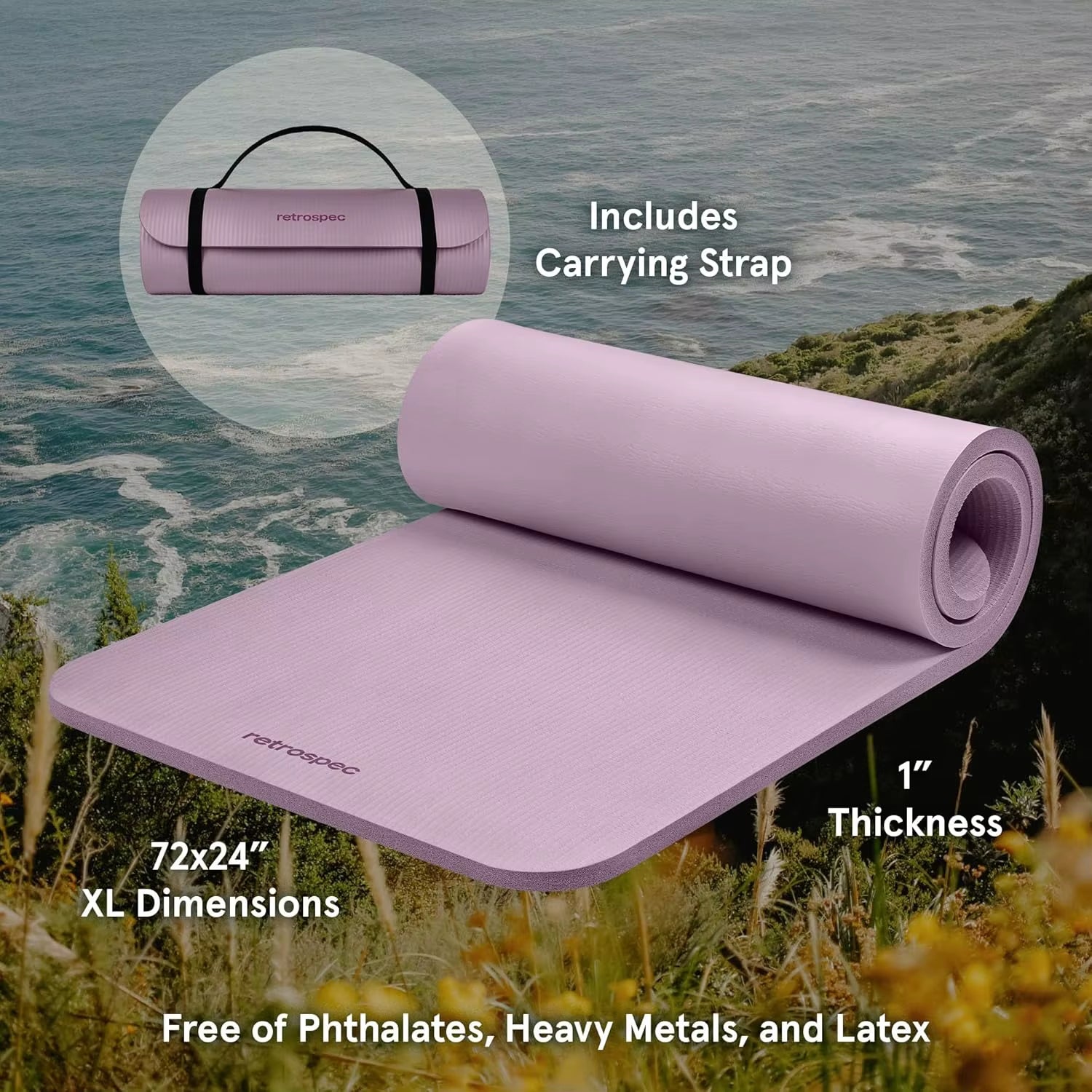 Retrospec Solana Yoga Mat 1" Thick W/Nylon Strap for Men & Women - Non Slip Exercise Mat for Home Yoga
