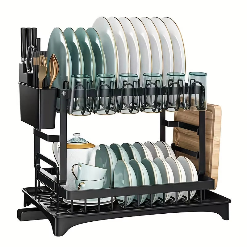 2-Tier Dishwasher with Drain Tray for Tableware, Cutlery, and Tray Storage - Kitchen Countertop Drying Rack
