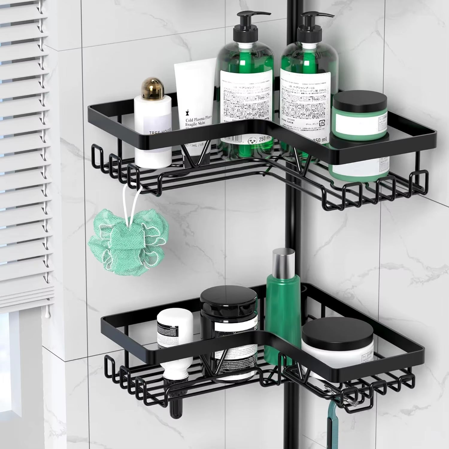 4-Tier Stainless Steel Adjustable Shower Caddy Tension Pole for Bathroom Organization, Rustproof Black