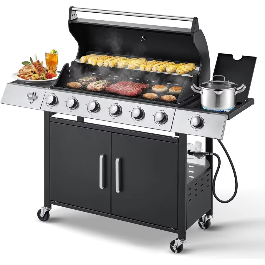60000 BTU Stainless Steel 6 Burner Propane BBQ Grill with Side Stove Cast Iron Grates for Patio Camping Outdoor Cooking in Blac
