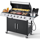 60000 BTU Stainless Steel 6 Burner Propane BBQ Grill with Side Stove Cast Iron Grates for Patio Camping Outdoor Cooking in Blac