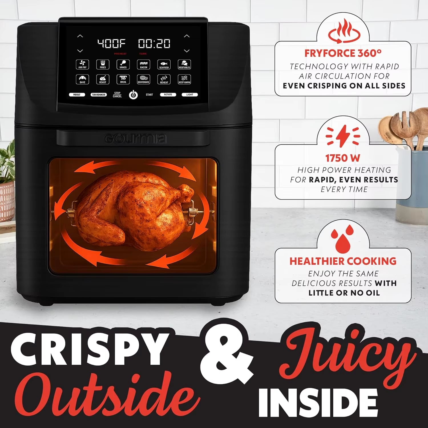 14 Qt Air Fryer Oven with Rotisserie, Digital Display, 12 Presets, Dishwasher Safe Accessories