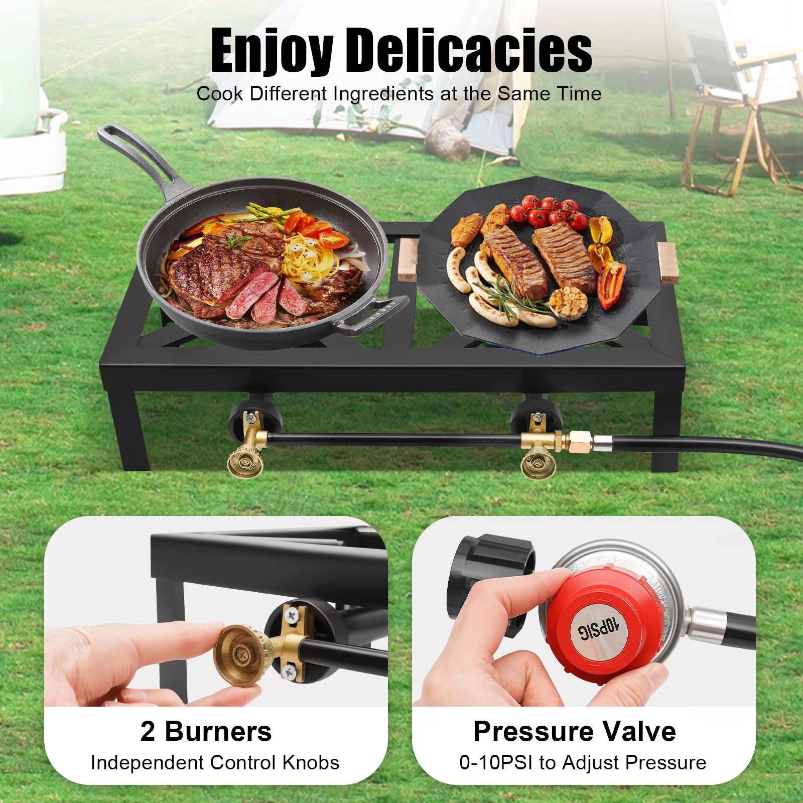 Portable Double Burner Outdoor Gas Stove Propane Cooker with Adjustable 0-10Psi Regulator Hose for Patio Camping, BBQ