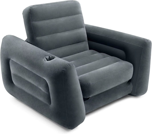Inflatable Pull-Out Chair with Built-In Cupholder: Velvety Surface, 2-In-1 Valve, Folds Compact for Indoor/Outdoor Use