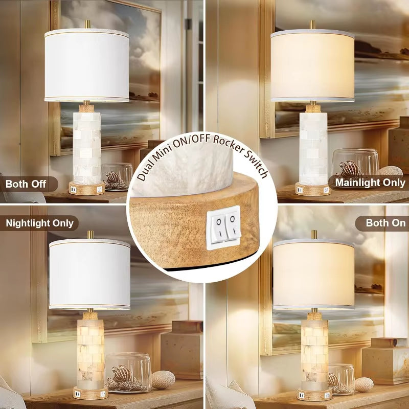 Natural Alabaster and Wood Table Lamp Set of 2 with Night Light Nightstand Lamps with USB Ports White Linen Fabric Shade Bedside