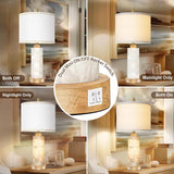Natural Alabaster and Wood Table Lamp Set of 2 with Night Light Nightstand Lamps with USB Ports White Linen Fabric Shade Bedside