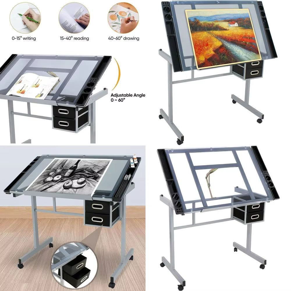 Adjustable Glass-Top Drafting Table with Dual Drawers and Mobility for Artistic and Professional Use in Home or Office