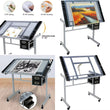 Adjustable Glass-Top Drafting Table with Dual Drawers and Mobility for Artistic and Professional Use in Home or Office