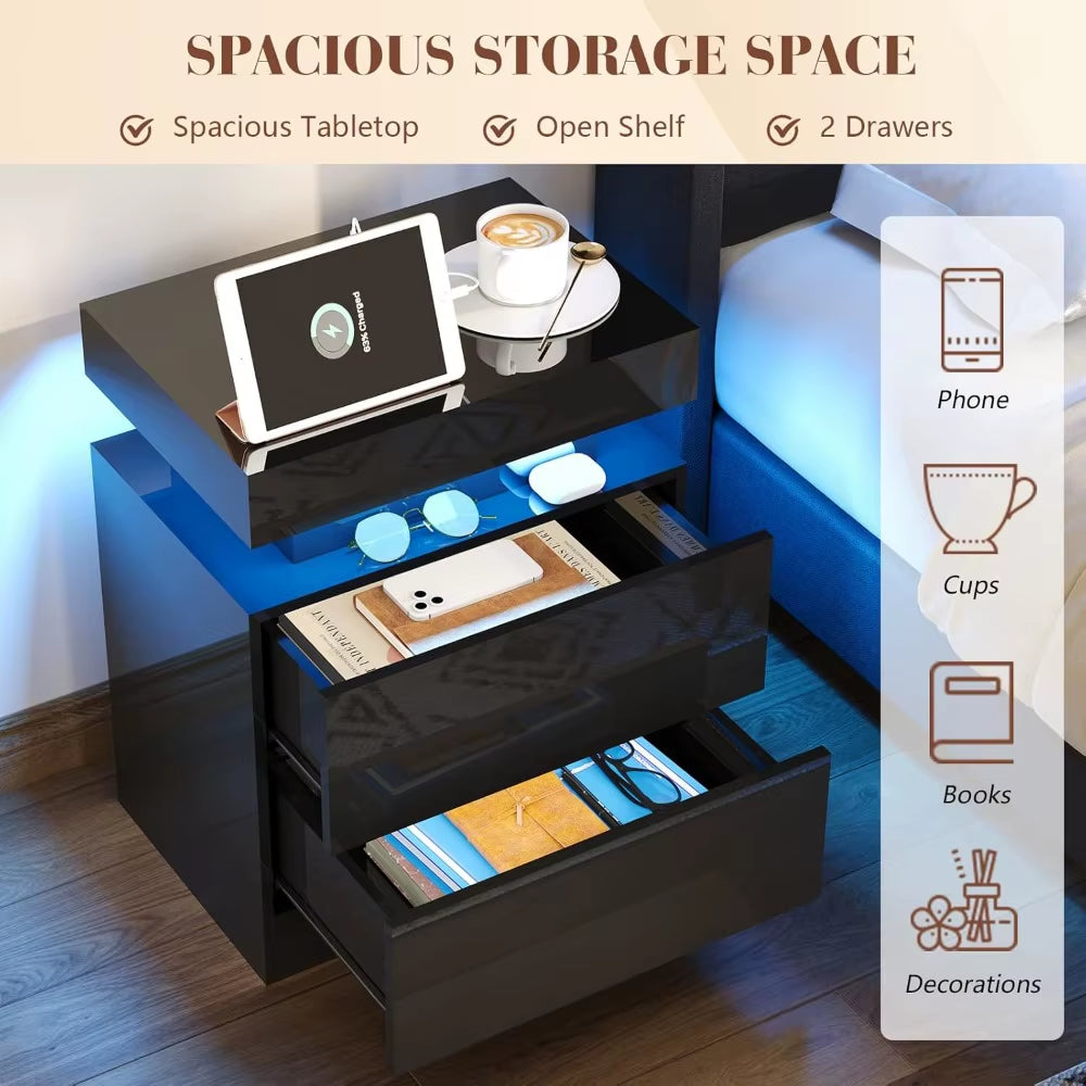 Set of 2 Nightstands with Charging Station and LED Light, Modern Side Table with 2 Drawers and Open Storage Shelf, End Table