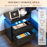 Set of 2 Nightstands with Charging Station and LED Light, Modern Side Table with 2 Drawers and Open Storage Shelf, End Table