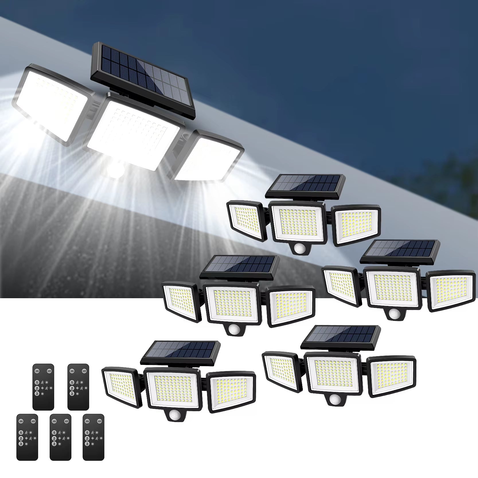 Outdoor Waterproof Solar Light with Motion Sensor 3-Head 200+ Leds Security Light for Porches Garages Yard Entrances
