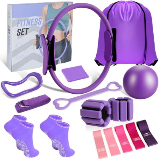 Likiliki Pilates Ring and Ball Set Home Fitness Equipment for Women with Resistance Bands 12'' Magic Circle 9.8'' Ball for Stre