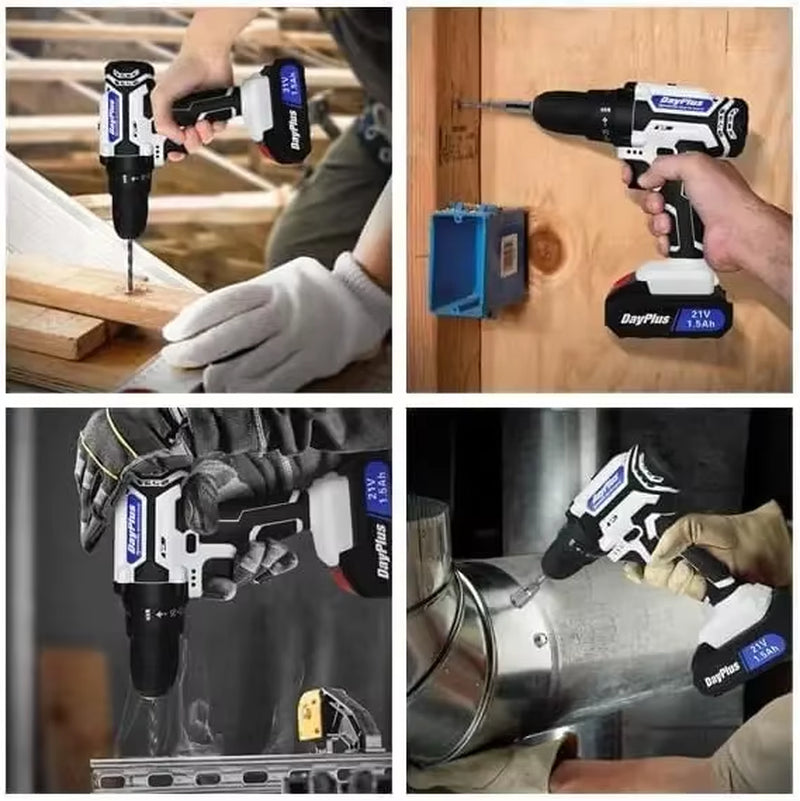 21V Cordless Power Drill and Impact Screwdriver Set with 1500mAh Li-Ion Battery, 25+1 Torque Settings, 45N·m Torque Output