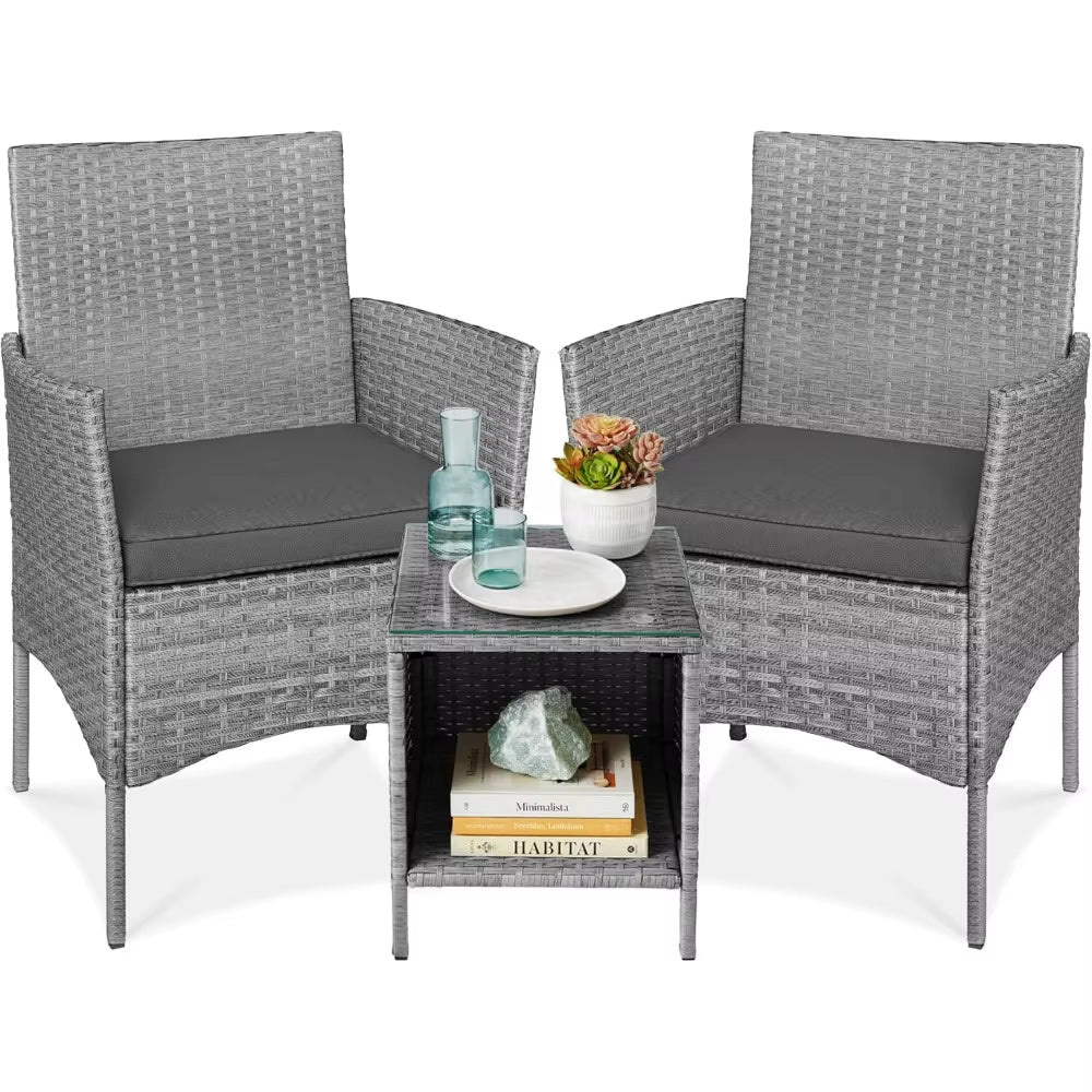 Best Choice Products 3-Piece Outdoor Wicker Conversation Bistro Set, Space Saving Patio Furniture for Garden W/Side Table - Gray