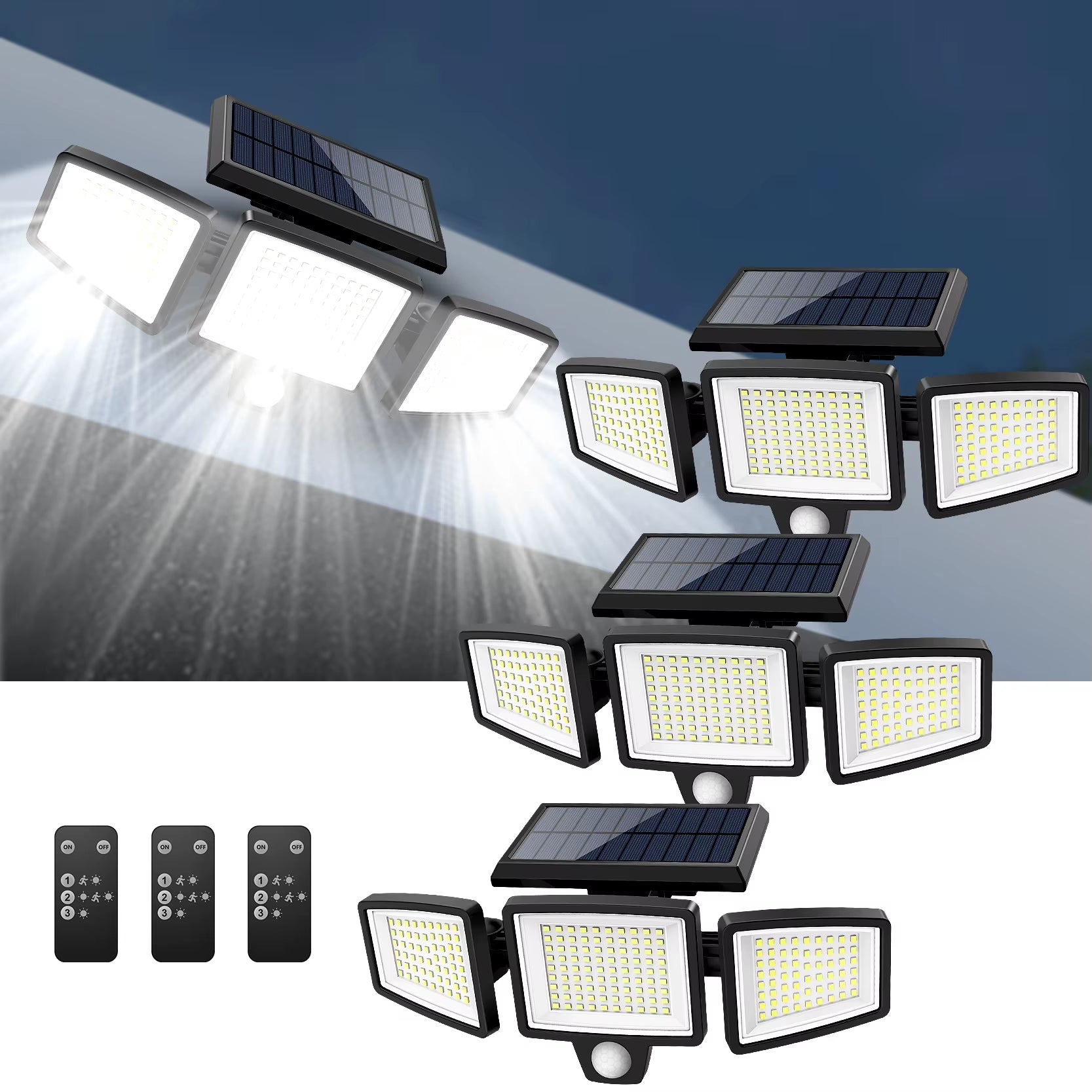 Outdoor Waterproof Solar Light with Motion Sensor 3-Head 200+ Leds Security Light for Porches Garages Yard Entrances