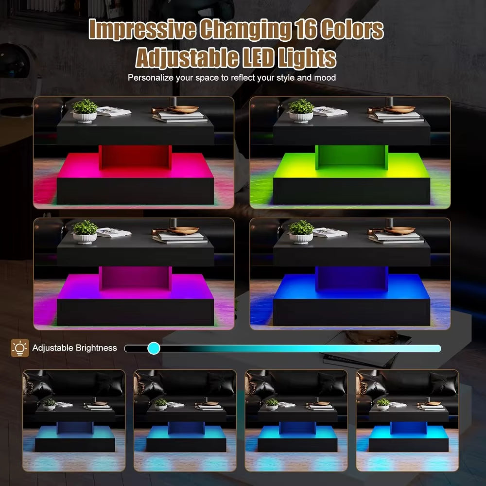 Black LED Coffee Table for Living Room, Living Room Table 2-Tier Square Middle Center Table, Modern Coffee Tables with Storage