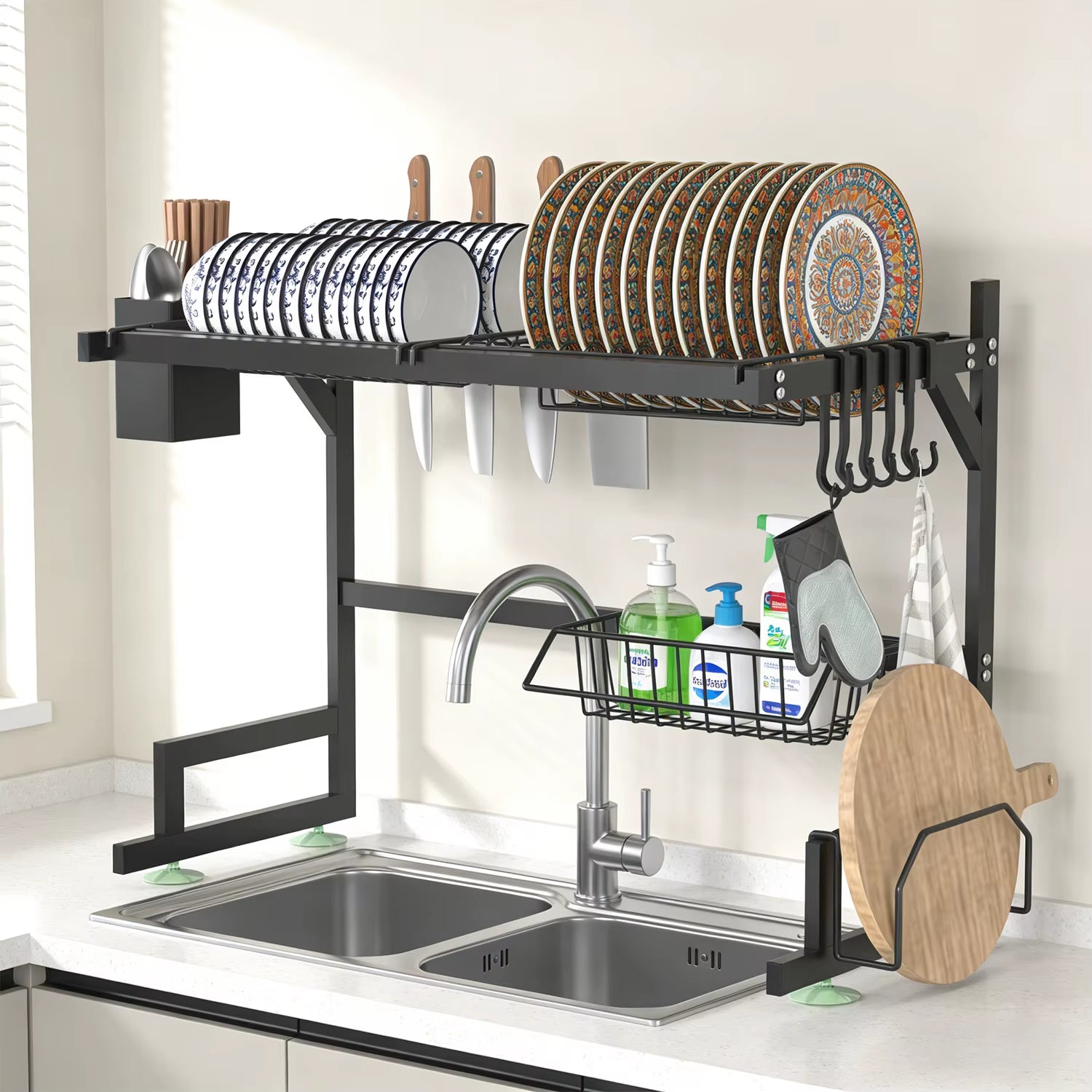 Dish Rack above Sink - Two-Tier Large Capacity Draining Rack with Knife and Utensil Holder Home Decor