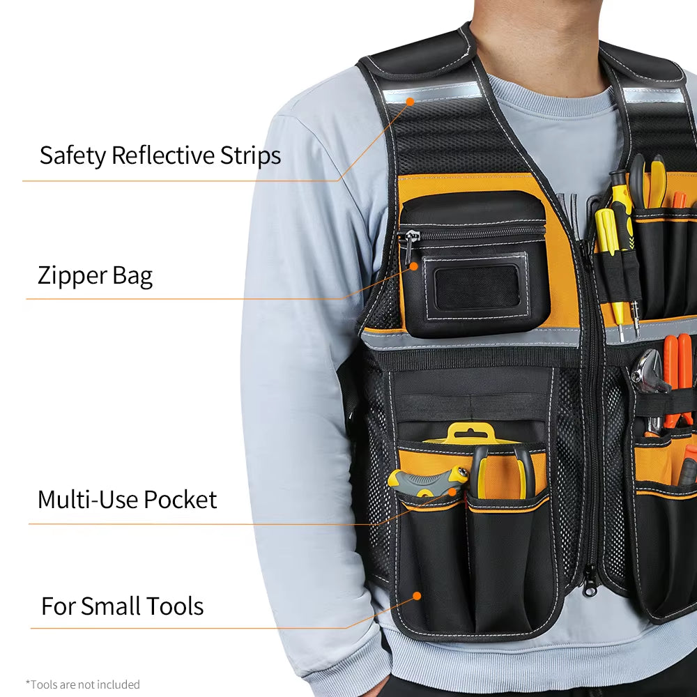 Multi-Pocket Tool Vest with Reflective Strips, Durable Oxford Fabric, Black and Yellow