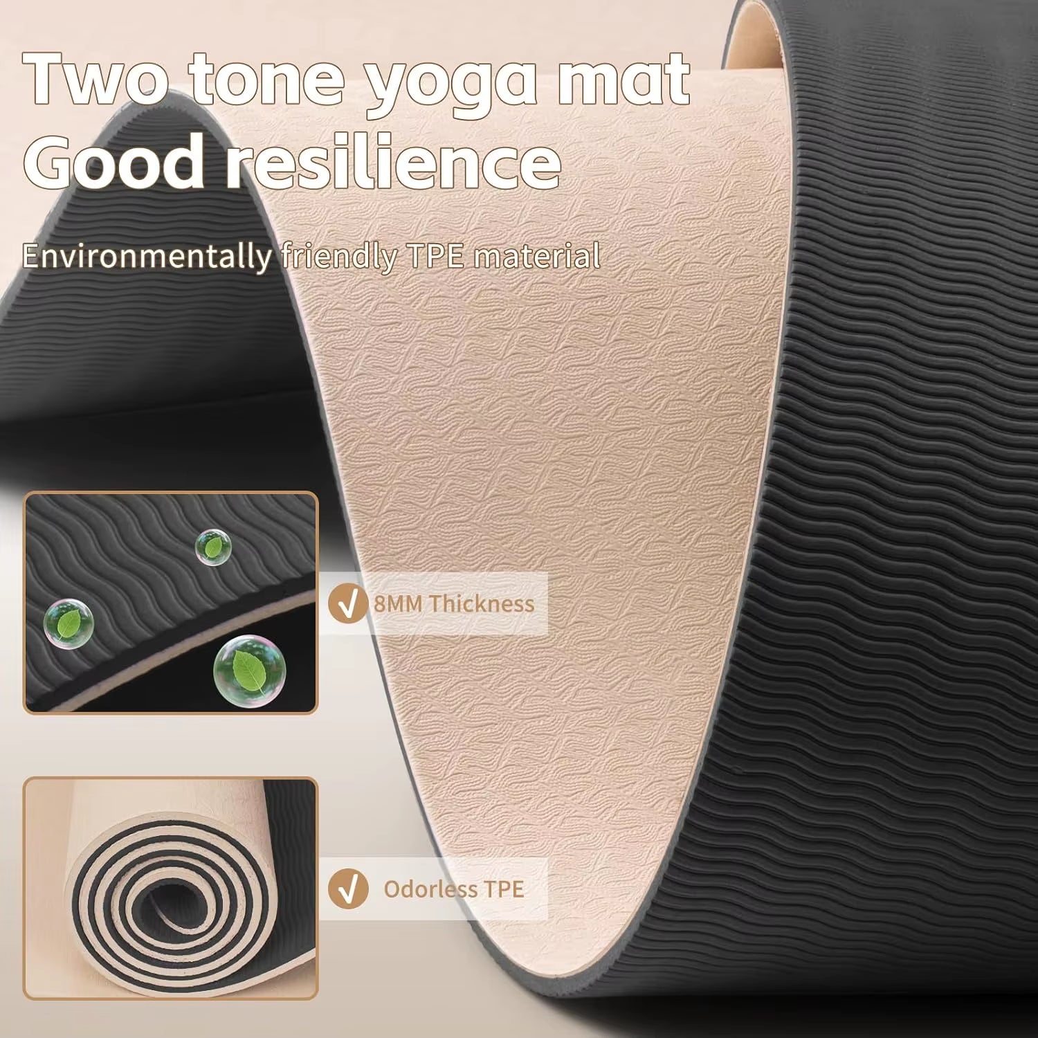 8Mm Thick TPE Yoga Mat, Non-Slip & Odorless, for Yoga Pilates Home Workouts with Strap