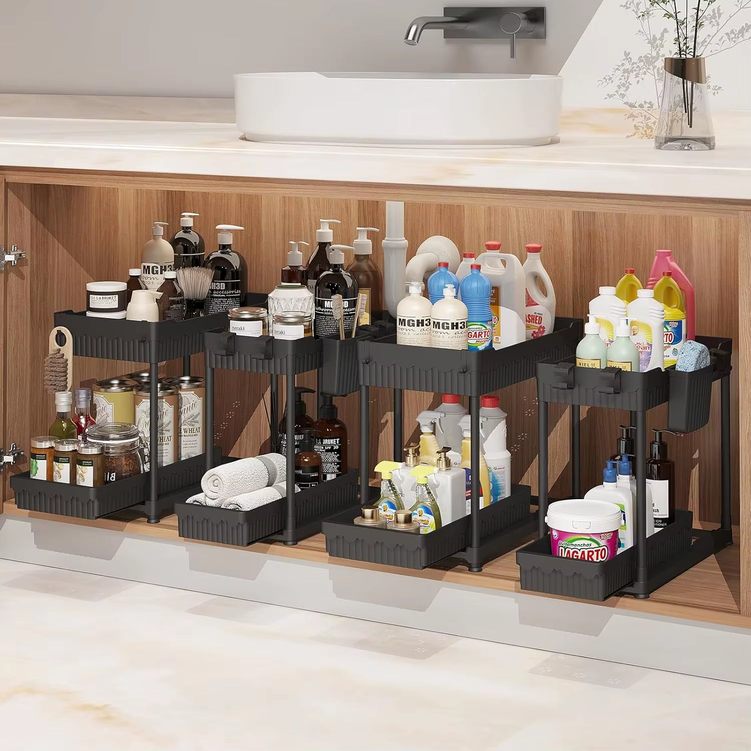 Under-Sink Storage Rack for Bathrooms, Metal Frame Support, Suitable for Bathrooms, Countertops, under Sinks, and Cabinets.