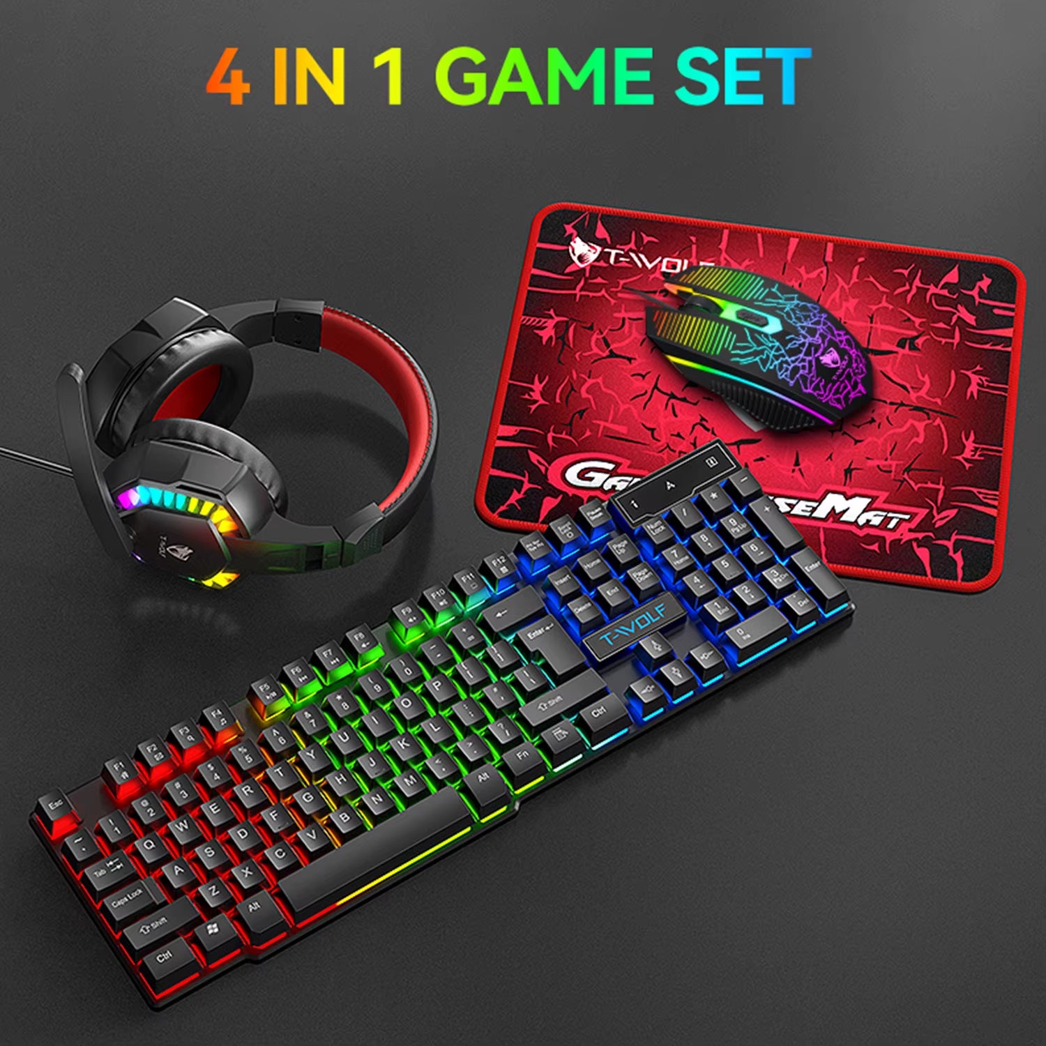 USB Keyboard and Mouse Gaming Headset Combos 4 in 1 English Gaming Wired RGB Keyboard Mouse Set with Mouse Pad and Headphones